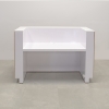 Dallas U-Shape 60-inch desk in half-inch engineered white stone counter with Maple veneer tambour base and white gloss toe kick reception desk includes remote for multi-colored led lights and wire grommet.