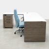 Denver L Shaped office desk is designed with a Pure White Tempered Glass Top and a Haze Walnut Base