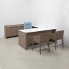 Denver L Shaped office desk is designed with a Pure White Tempered Glass Top and a Haze Walnut Base