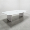 Axis Boat Shape Glass Meeting Table is shown here with a White gloss Laminate Base and a White glass top.