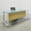 Aspen Straight Glass Top Desk is shown here with a Metal White and a Blue glass top.