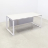 Aspen Straight Executive Desk With Laminate Top in folkstone gray matte laminate top and privacy panel, and white metal legs, sitting view shown here.