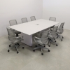 102 inches Aurora Rectangular Conference Table in Light Gray Engineered Stone Top and White Matte Laminate finish base. One Ellora power box and eight gray chairs shown here.