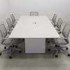 102 inches Aurora Rectangular Conference Table in Light Gray Engineered Stone Top and White Matte Laminate finish base. One Ellora power box and seven gray chairs shown here.