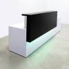 Los Angeles long reception desk is shown here with a White Gloss Laminate Base and a Black Laminate Base Counter, customizable LED lights