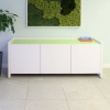 Aspen Storage Credenza in lime tempered glass top and white matte laminate credenza and doors shown here.