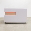 Manhattan reception desk is shown here with a White Matte Laminate Base and brushed aluminum toe-kick with customizable LED lights in a variety of colors.
