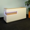 Manhattan U-Shape Custom Reception Desk in white oak veneer accent panel and top counter, and white matte laminate main desk, with white LED shown here.