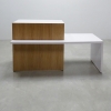 Phoenix reception desk with white gloss counter and desk with white oak veneer tambour front accent shown here.