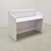 60 inches New Jersey Reception Desk in white gloss laminate desk and front accent panel with multi-colored LED, and brushed aluminum toe-kick, seating side view shown here.