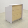 New Jersey reception desk in white gloss laminate counter and base with natural ash accent shown here.