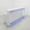 72 In. New York Reception Desk in White Glass Laminate (SIDE FRONT) Built-in Pull Out Drawer & File Cabinet.
