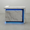 New York L-shape reception desk with Calcutta marble counter and front panel with black traceless accent shown here.