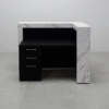 New York L-shape reception desk with Calcutta marble counter and front panel with black traceless accent with built-in storage shown here. 