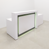New York ADA Compliant Custom Reception Desk in white matte laminate counter, front panel and desk, with multi-colored LED shown here.