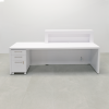96-inch New York ADA Compliant Custom Reception Desk in white matte laminate counter, front panel and desk, and storm gray gloss laminate accent, with multi-colored LED, shown here.
