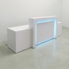 New York Extra Wide Custom Reception Desk in white matte laminate counter, front panel, and desk, with multi-colored LED shown here.