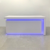New York L-Shape Retail Custom Reception Desk in white matte laminate fornt panel and workspace, with multi-colored LED shown here.