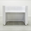Nola Custom Reception Desk is shown here with a white Gloss Laminate Base and aluminum Toe-kick.