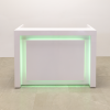 New York U-Shape Custom Reception Desk in white gloss laminate desk and front panel, with multi-colored LED shown here.