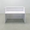 New York U-Shape Custom Reception Desk in white gloss laminate desk and front panel, with multi-colored LED, sitting side view shown here.