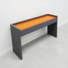 Avenue Console Table in orange tempered glass top and gray laminate console & front drawers shown here.