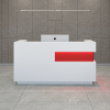 72-inch Manhattan U-Shape Custom Reception Desk in classic red gloss laminate accent panel and white matte laminate main desk, with white LED, shown here.