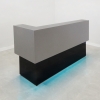 San Francisco L Shape reception desk is shown here with a Black Gloss Laminate Base and a Gray Gloss Laminate Counter.