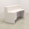 Seattle X1 Custom Reception Desk in white matte laminate desk and curved front panel, with white LED, sitting side view shown here.