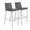 Two Cam Bar Stools in Gray regenerated leather and polished stainless steel legs and footrest shown here.