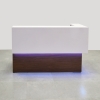 
San Francisco L Shape reception desk is shown here with a WALNUT HEIGHTS DESK Laminate Base and a WHITE MATTE COUNTER, LED lights in a variety of colors, and comes with LED remote control or controller.