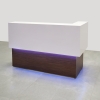 
San Francisco L Shape reception desk is shown here with a WALNUT HEIGHTS DESK Laminate Base and a WHITE MATTE COUNTER, LED lights in a variety of colors, and comes with LED remote control or controller.