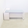 Aspen Executive Desk With Credenza and Tempered Glass Top in baby blue top and white gloss laminate credenza and privacy panel, and white metal leg shown here.