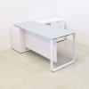 Aspen Executive Desk With Credenza and Tempered Glass Top in baby blue top and white gloss laminate credenza and privacy panel, and white metal leg shown here.