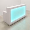 72-inch Vegas Custom Reception Desk in white matte laminate counter and desk, with multi-colored LED, shown here.