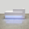 Atlanta Custom Reception Desk in white gloss countertop & base, front accent and workspace, with white LED shown here.