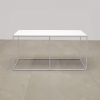 Aspen Console Lobby Table in white solid engineered stone top and white metal frame shown here.
