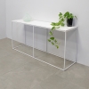 Aspen Console Lobby Table in white solid engineered stone top and white metal frame shown here.