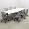 Aurora Boat Shape Conference Table With Engineered Stone Top in white solid top and brushed aluminum lalminate base with two ellora power boxes shown here.