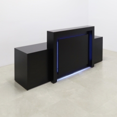120 inches New York Extra Wide reception desk in black matte laminate finish desk, counter and front panel, with colored-LED shown here.