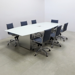 Omaha Boat Shape Conference Table With Tempered Glass Top in taupe top and brushed aluminum base, with one ellora power box shown here.