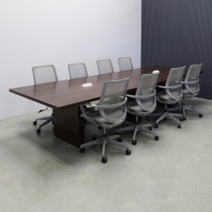 144-inch Newton Rectangular Conference Table in colombian walnut matte top and  standard base, with two white powerboxes, shown here.