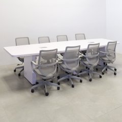 144-inch Newton Boat Conference Table in white matte laminate tops and base with two MX3 powerboxes shown here.
