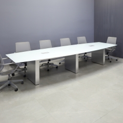 144-inch Omaha Boat Conference Table in 1/2" white tempered glass top and brushed aluminum laminate base, with two silver MX3 powerboxes, shown here.