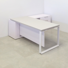 Aspen Executive Desk With Credenza and Laminate Top in fog gray matte lamina top, white matte laminate privacy panel and credenza, and white metal leg shown here.