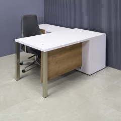 60-inch Dallas Executive Desk With Credenza and Laminate Top in white gloss laminate for the desk and credenza, and planked urban oak for the privacy panel and front drawers, with brushed stainless legs shown here.