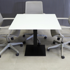 36-inch California Square Conference Table with 1/2" White tempered glass top and black stainless steel base shown here.