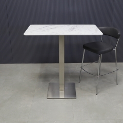 41-inch California Rectangular Bar Table in 1/2" calcutta blanc engineered stone top and brushed stainless steel base shown here.