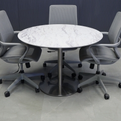 42-inch California Round Conference Table with 1/2" calcutta blanc engineered stone top and aluminum stainless steel base shown here.