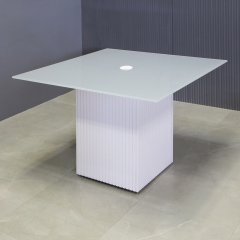 42-inch Omaha Square Conference Table in 1/2" light gray tempered glass top and white gloss tambour base, with white MX1 powerbox, shown here.